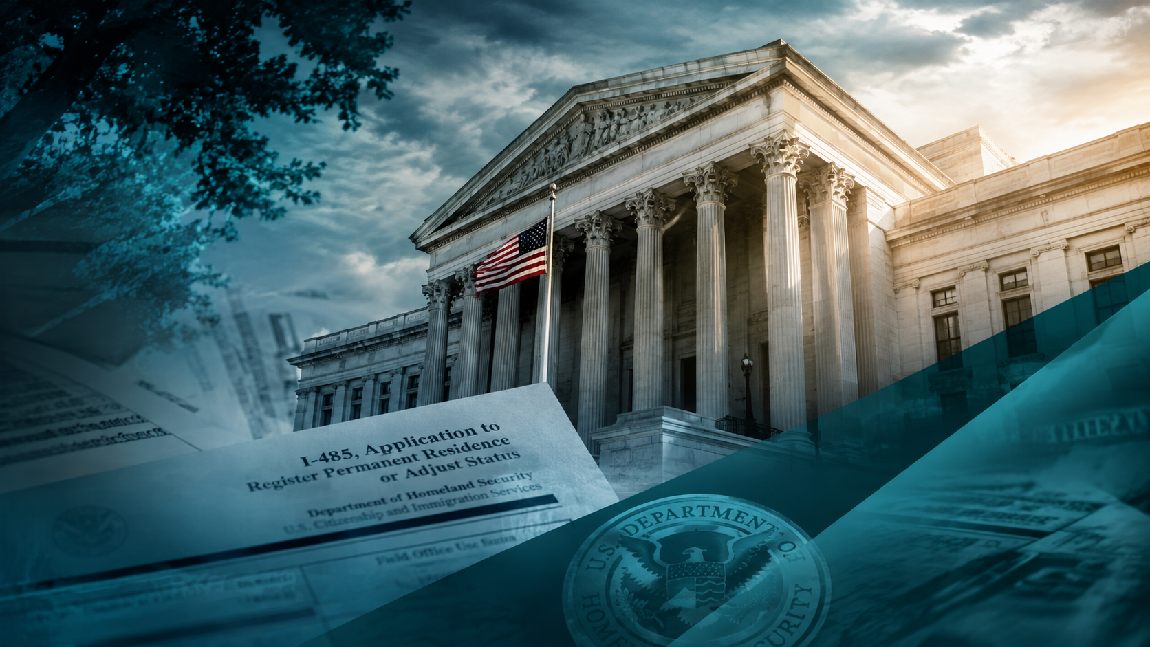 Fachada de un edificio federal de Washington D.C. con columnas y la bandera de Estados Unidos, superpuesta con el formulario I-485 (Solicitud de Registro de Residencia Permanente o Ajuste de Estatus) y el sello del Departamento de Seguridad Nacional (DHS).